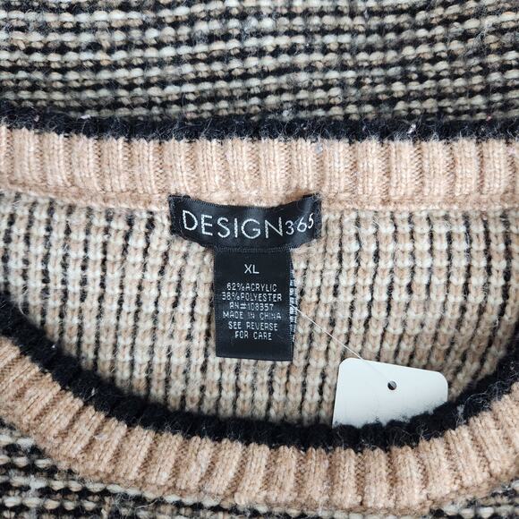 Vintage 90s Y2K Tan Black Knit Crew Neck Sweater Minimalist Fall Pullover L - Picture 9 of 10